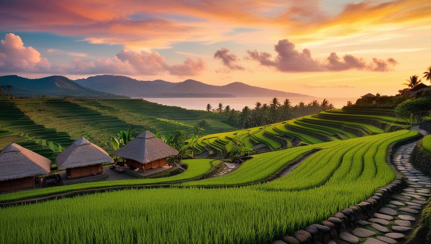 Sunset view of Tegallalang Rice Terraces in Bali, with tiered green rice paddies cascading down lush hills, traditional thatched huts, and a colorful sky blending orange, yellow, pink, and purple hues