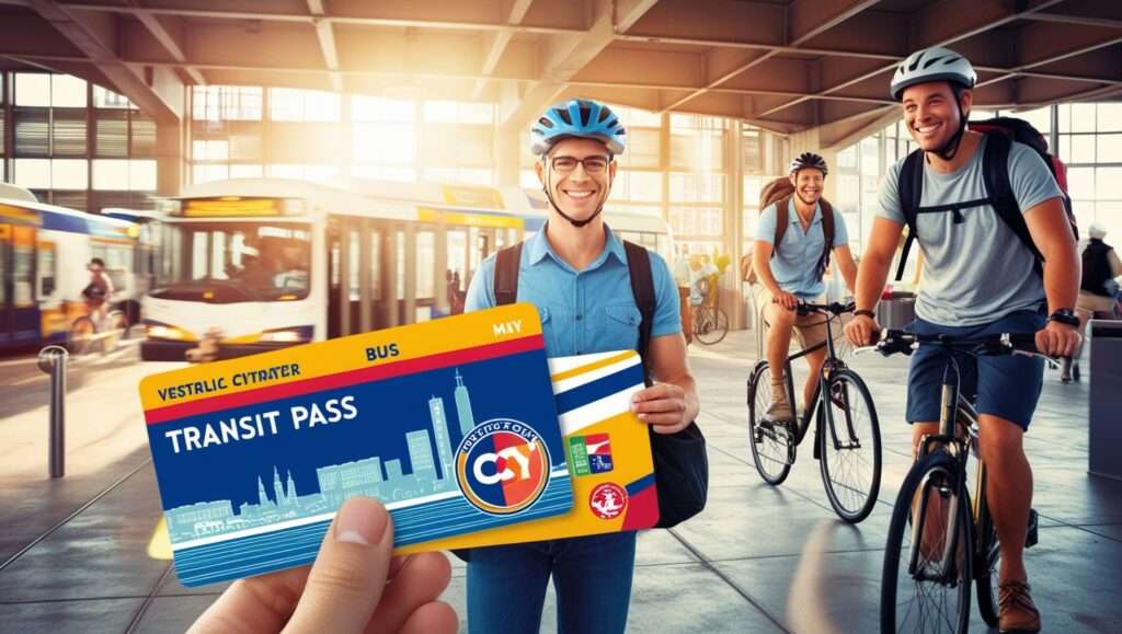 metro or bus. A public transit card or city pass in use. A tourist cycling