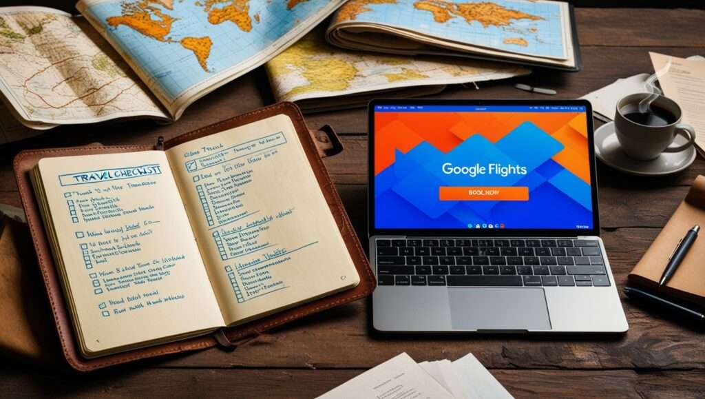 A notebook with a travel checklist and maps spread across a table. A screen showing Google Flights or a travel booking website.