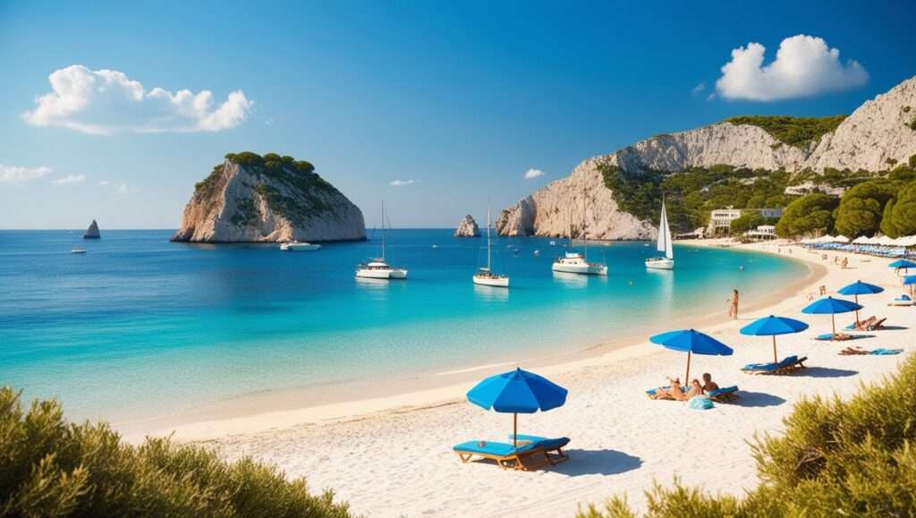 A sunny beach with cliffs and turquoise waters.