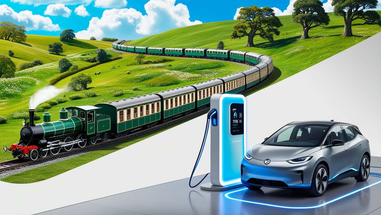 A train winding through a green countryside or an electric vehicle charging.