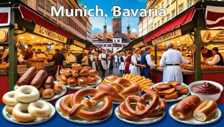 A vibrant, high-resolution image depicting a bustling food market in Munich, Bavaria.