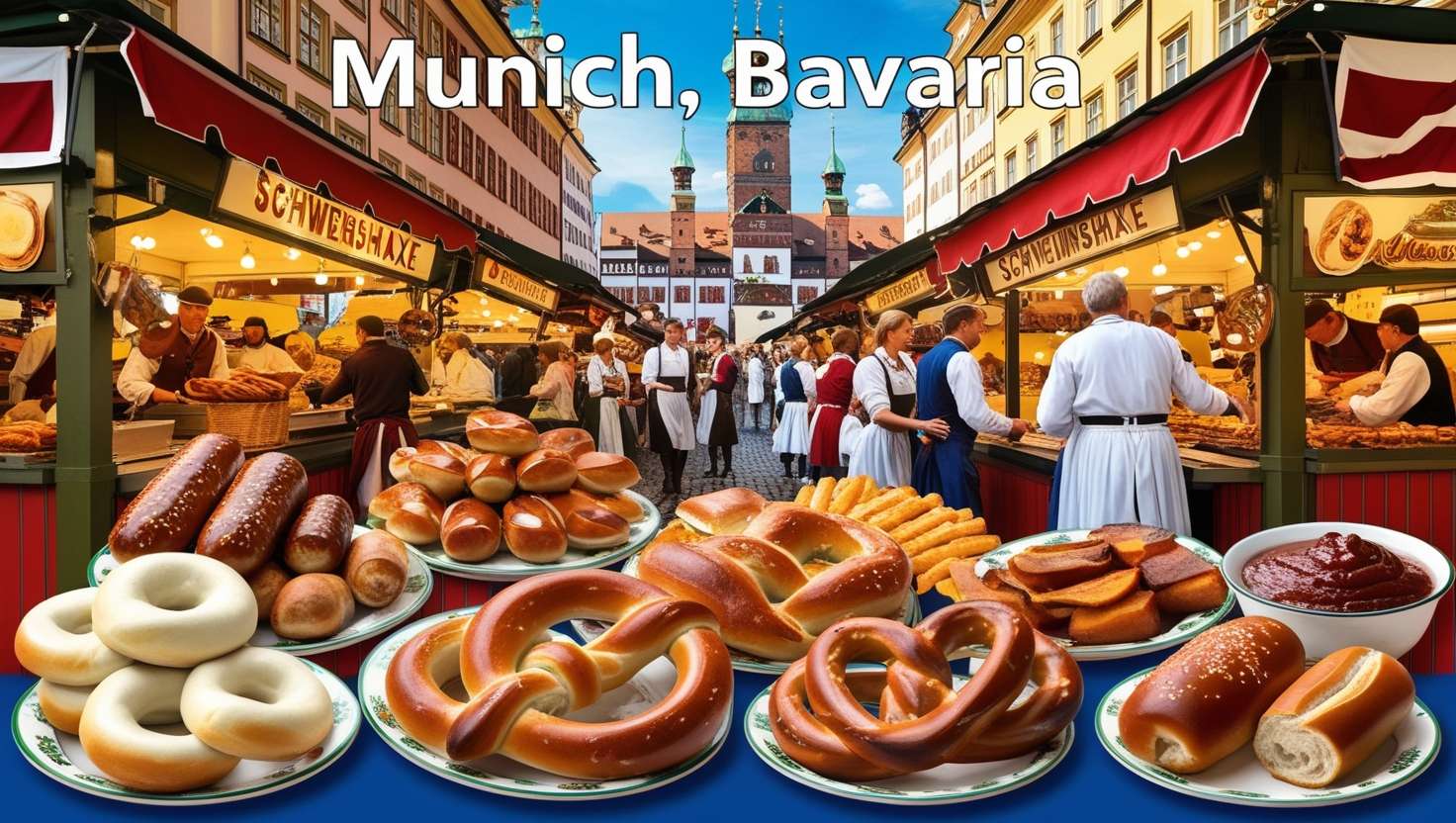 A vibrant, high-resolution image depicting a bustling food market in Munich, Bavaria.