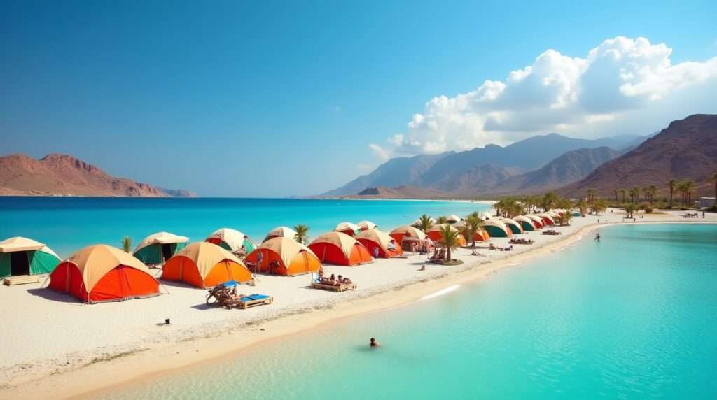 Socotra Island Travel Guide 2026 Sunset view of Detwah Lagoon Eco Camp tents by turquoise bay