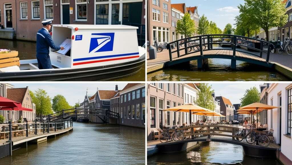 Postal worker delivering mail by boat in Giethoorn Cyclists crossing wooden footbridge over Giethoorn canal Cozy canalside café in Giethoorn with outdoor seating