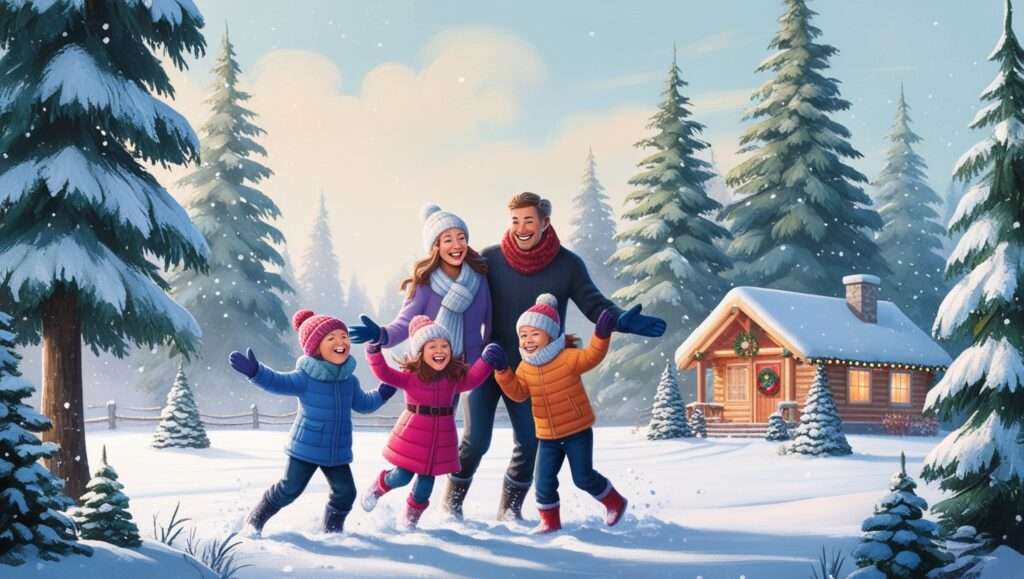 Family of four playing together in snowy winter landscape with evergreen trees and cozy wooden cabin