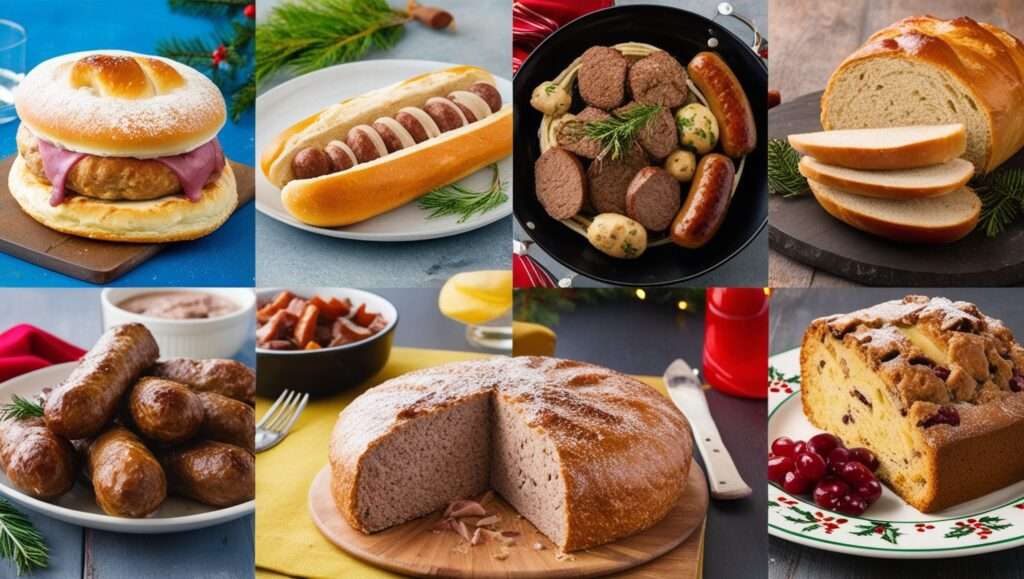 A collage of German foods: Labskaus from the north, Weißwurst from Bavaria, Sauerbraten from the west, and Stollen for Christmas