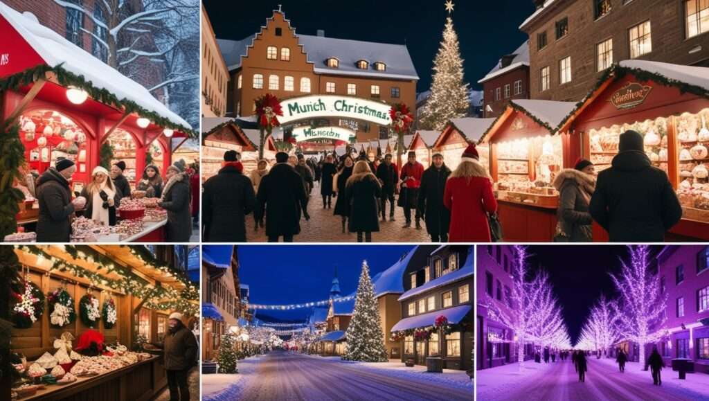 Christmas market in Munich with snow-covered stalls and festive holiday decorations