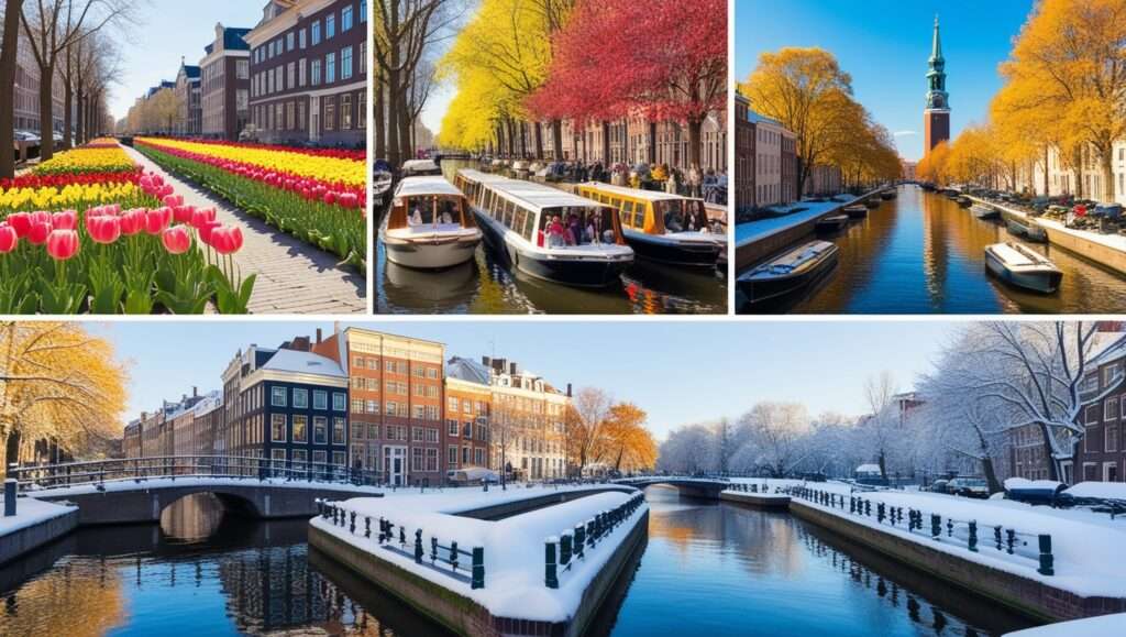 Tulip gardens along canals Boat tours in full sunshine Fall foliage reflecting in water Snow-covered bridges and frozen canals Giethoorn in summer, Giethoorn winter activities, spring in Giethoorn, best season to visit Giethoorn