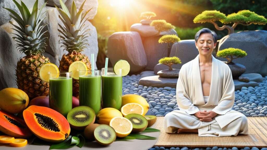 A colorful spread of fresh fruits, green smoothies, and detox teas. A lone individual meditating in a minimalist Zen garden.