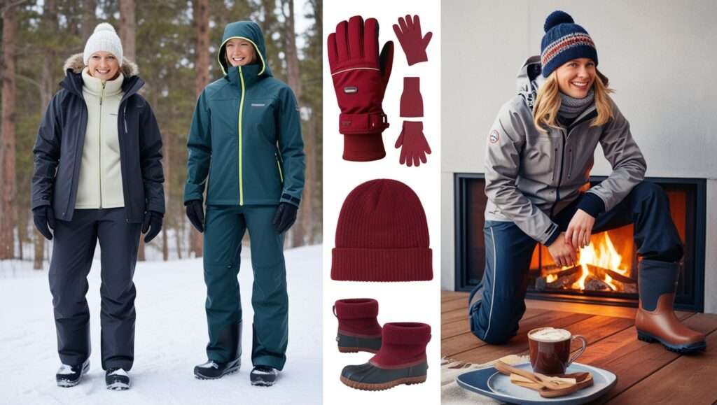 Layered winter clothing with thermal underwear, fleece jacket, and waterproof outerwear for cold weather