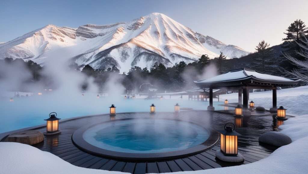 Japan A traditional onsen (hot spring) with snow-capped mountains.