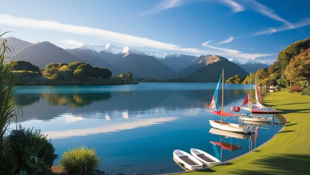 New Zealand A serene lakeside with mountains in the background.