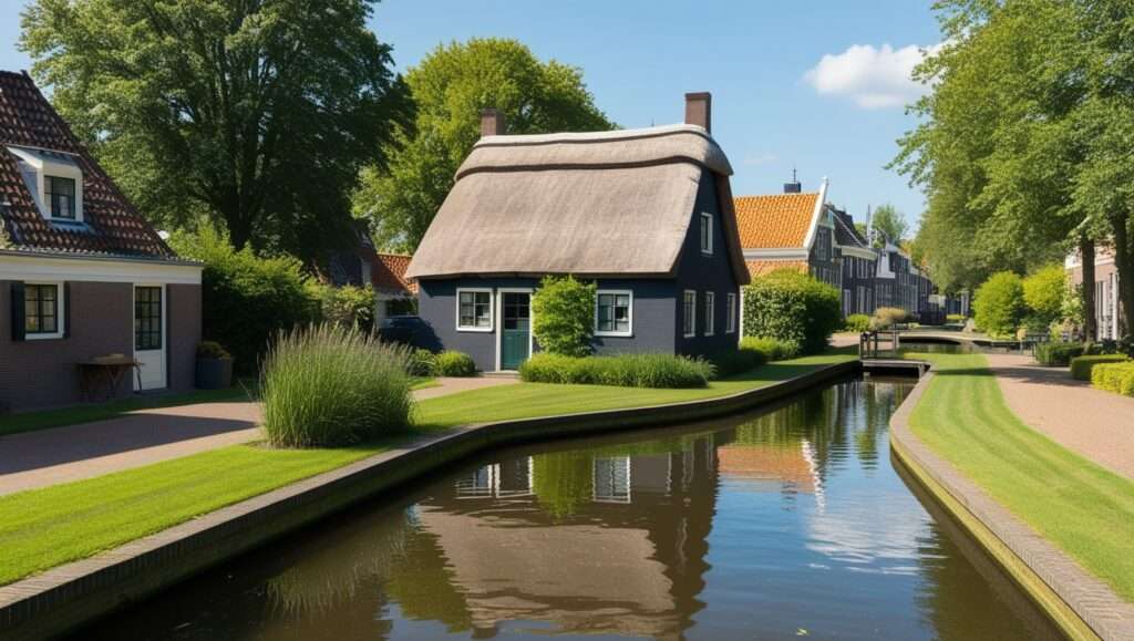 Peaceful canal in Giethoorn with traditional Dutch house and garden reflections