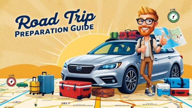 A vibrant and colorful illustration of a road trip preparation guide, set against a warm, sunny background with subtle texture resembling a vintage roadmap. At the center, a sleek, silver car is packed with luggage, coolers, and other travel essentials, with a few suitcases and bags scattered around it. A smiling, bearded man with bright blue eyes and golden skin tone, wearing a pair of trendy, black-rimmed glasses and a casual, off-white shirt, is shown leaning against the car, holding a map and giving a thumbs-up, exuding confidence. The guide's title, "Hit the Open Road with Confidence," is emblazoned above the car in bold, modern, red lettering, with the words "Road Trip Preparation Guide" written in curved, white script below. The scenery is surrounded by tiny, illustrative icons of landmarks, fuel gauges, and speedometers, in shades of blue, green, and yellow, adding a playful touch to the design.