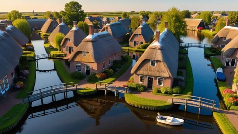 Giethoorn Netherlands - Aerial view of Dutch village with canals, thatched-roof houses, and wooden bridges