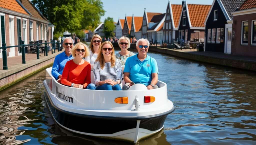 Tourist group enjoying quiet electric boat tour through Giethoorn's canals
