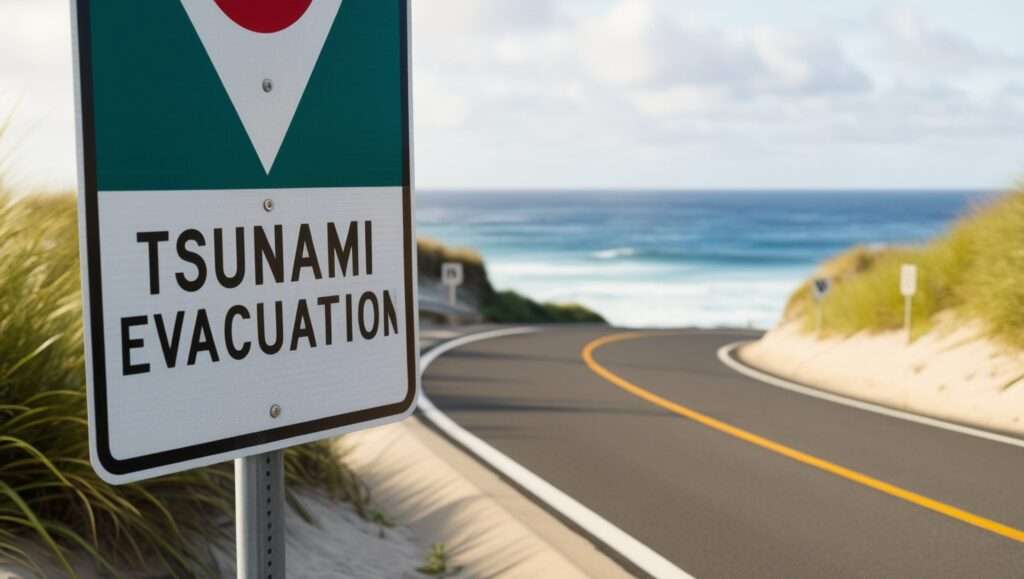 Close-up of a tsunami evacuation sign on a coastal road with the ocean in the background, surrounded by grassy dunes and palm trees, highlighting the importance of safety in scenic coastal areas.