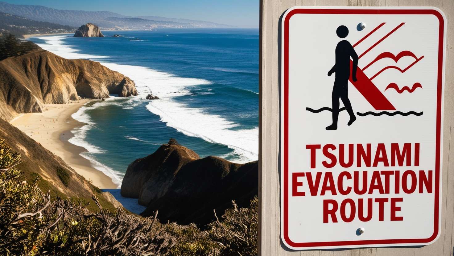 Scenic view of California's coastline with cliffs, sandy beaches, and the ocean under a sunny sky. A "Tsunami Evacuation Route" sign is visible in the foreground, highlighting travel safety precautions.