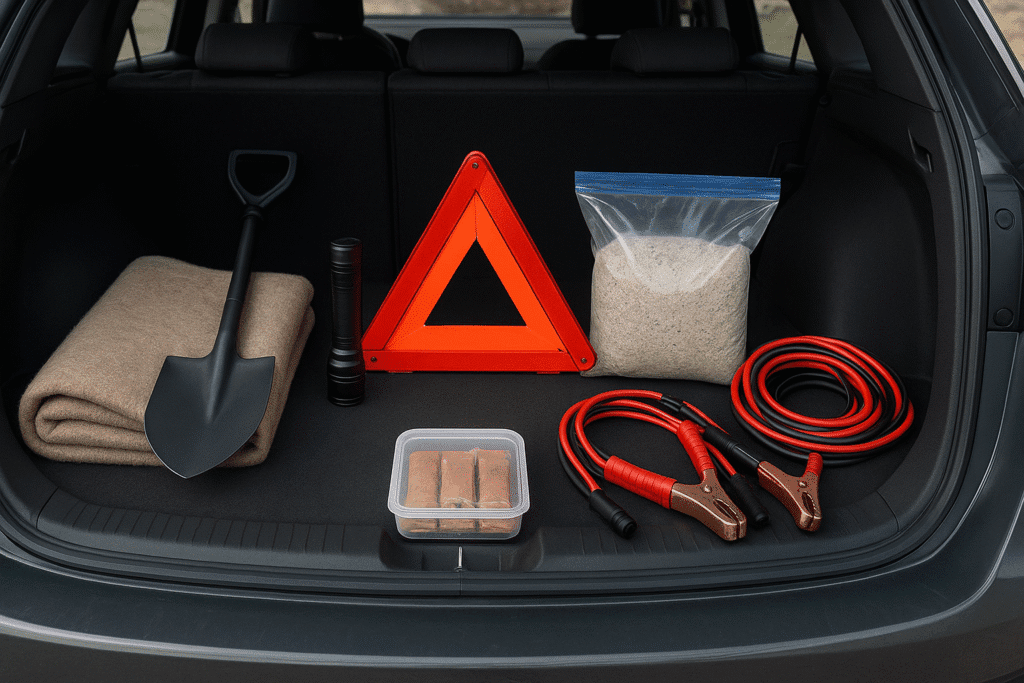 Winter travel checklist Winter car emergency kit items including a blanket, shovel, flashlight, and cat litter arranged in a vehicle trunk.