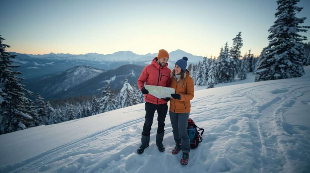 A happy couple dressed in winter jackets and beanies plans their route on a map in a snowy mountain landscape at sunrise.