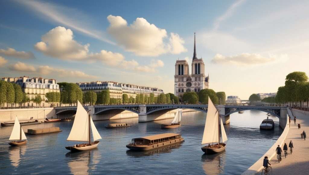 A panoramic view of the Seine River in Paris, with boats passing under the bridge and Notre Dame Cathedral in the distance.