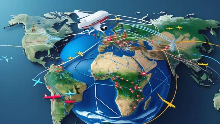 A globe with interconnected flight routes, featuring an airplane flying between major cities in North America, Europe, and Asia, symbolizing new airline routes for 2025.