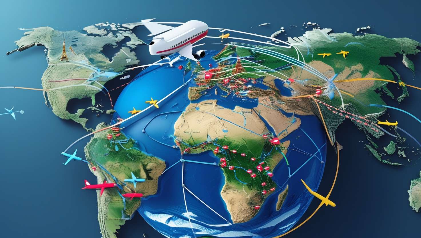 A globe with interconnected flight routes, featuring an airplane flying between major cities in North America, Europe, and Asia, symbolizing new airline routes for 2025.