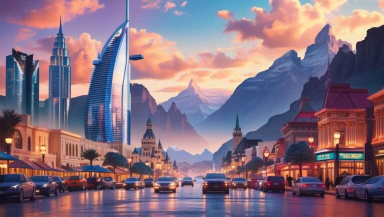 Collage of iconic travel destinations inspired by popular TV shows and movies, including Dubai's skyline, Montana's mountains, Parisian streets, a Scottish castle, a Thai beach, and New York City streets, representing the set-jetting trend in 2025.