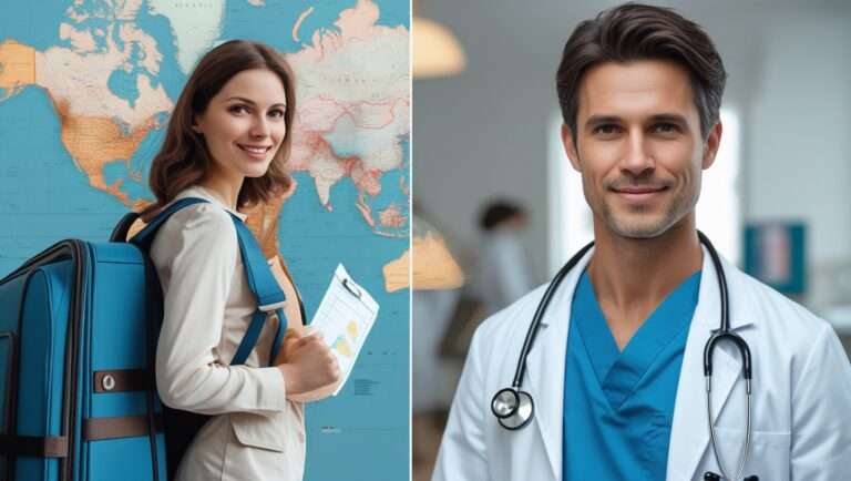 Split image of traveler and doctor for medical care abroad