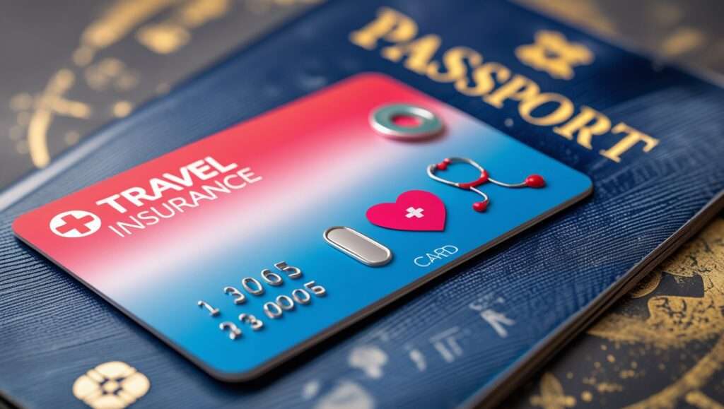 Travel insurance card with medical symbols for healthcare abroad