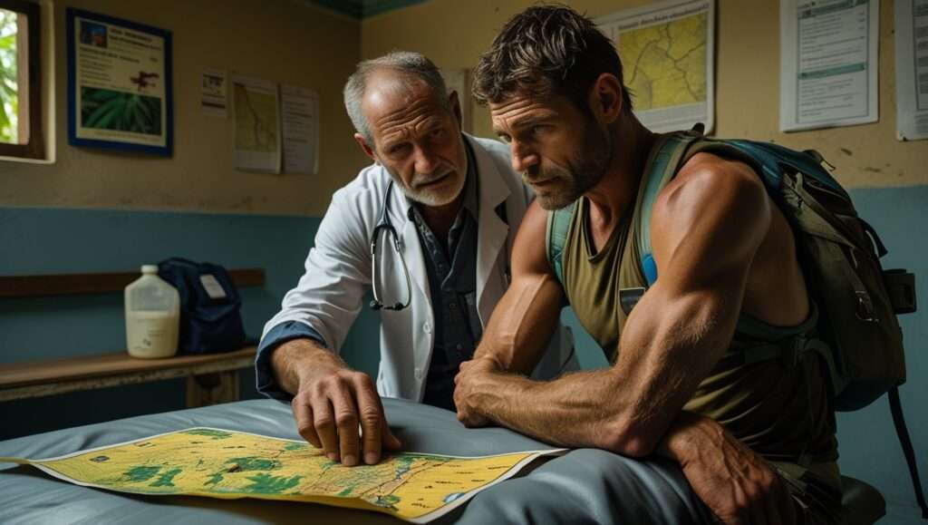 Traveler consulting with doctor in foreign clinic