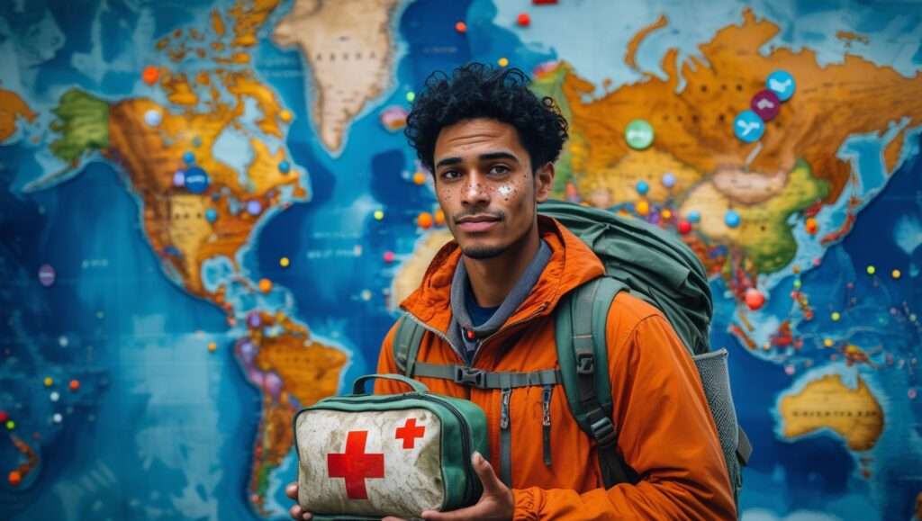 Traveler with first aid kit and globe for medical care abroad