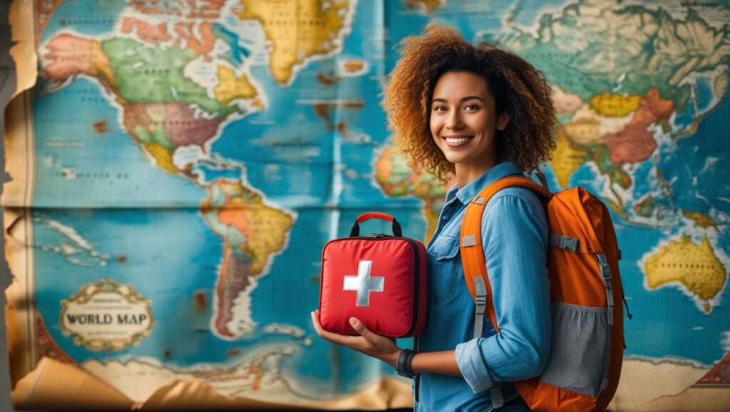 Traveler with first aid kit and globe for medical care abroad
