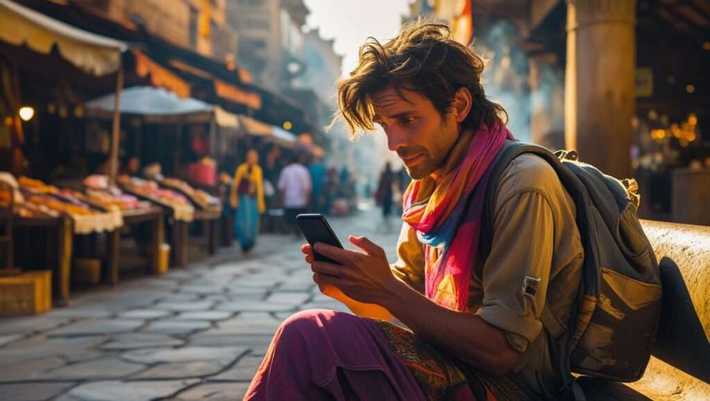 Traveler using smartphone to find a doctor abroad