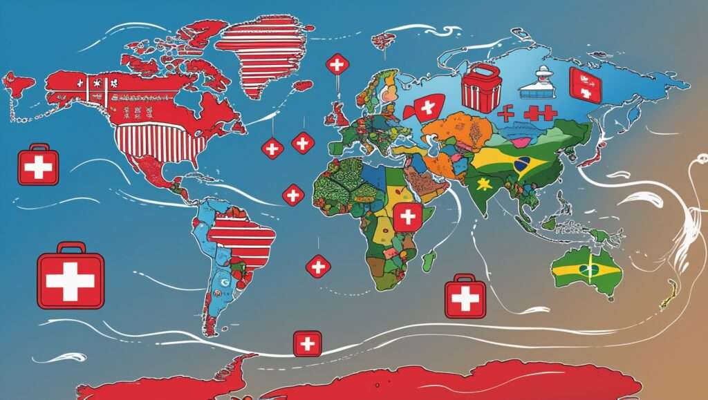 A stylized world map with icons representing hospitals, airplanes, and first aid kits scattered across different countries.