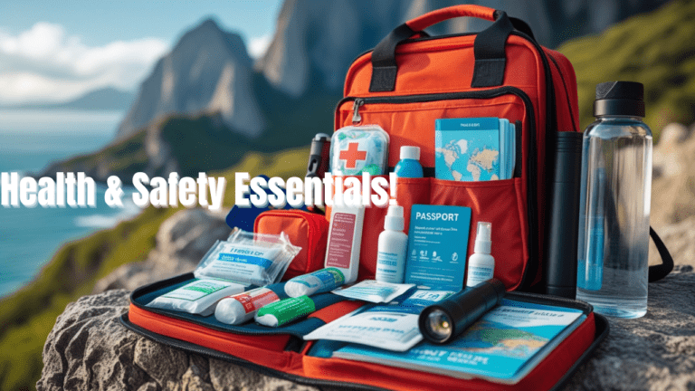 Open travel backpack with health and safety essentials, including a first aid kit, sanitizer, and passport, emphasizing travel safety and emergency preparedness.