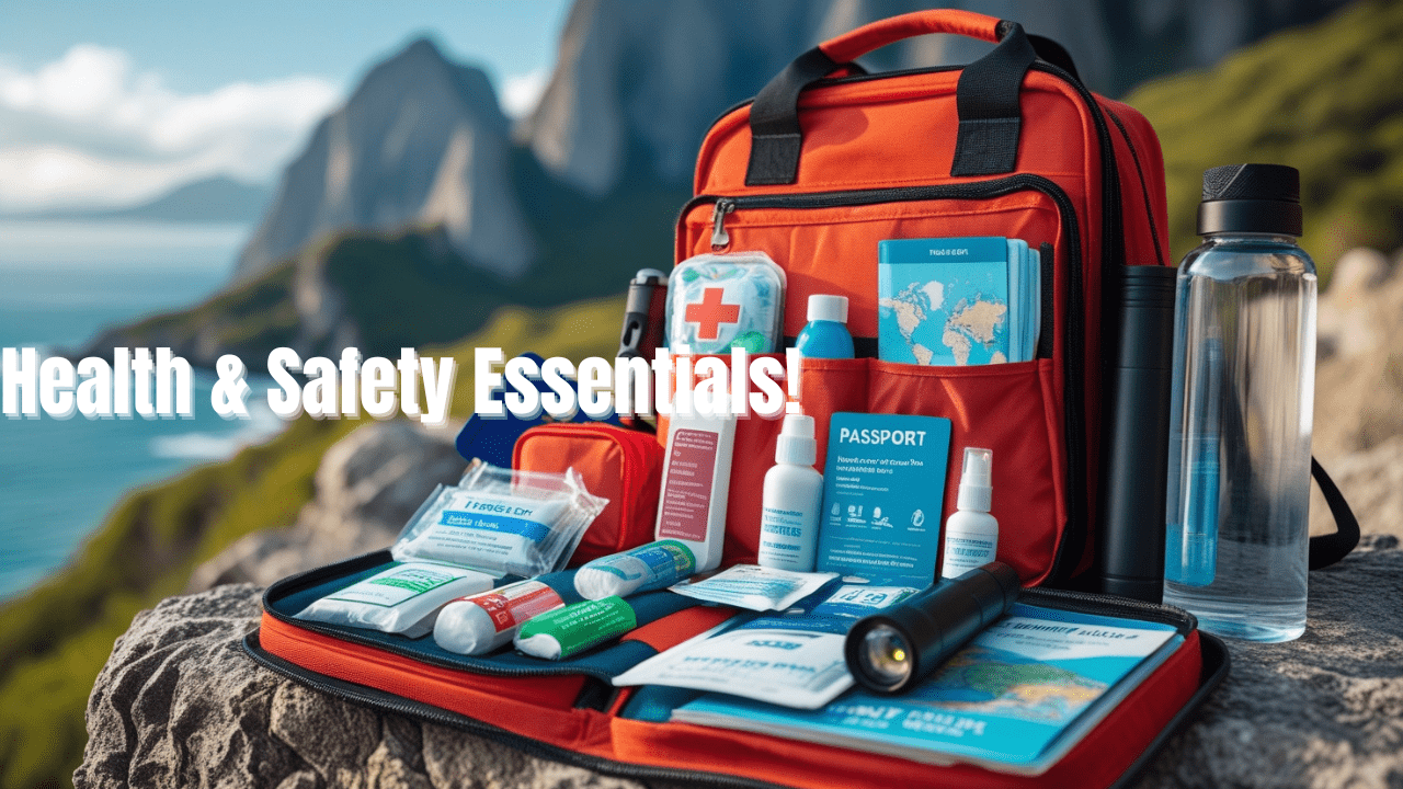Open travel backpack with health and safety essentials, including a first aid kit, sanitizer, and passport, emphasizing travel safety and emergency preparedness.