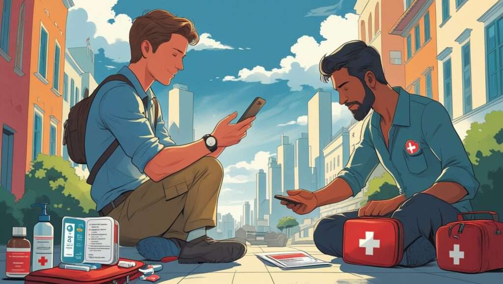 A traveler in a foreign city calmly handles a medical emergency. The scene shows the traveler using a smartphone to call for help, a first-aid kit open with supplies, a local assisting with communication, and an embassy building in the background. A travel insurance card and map are visible, emphasizing preparedness and staying calm during a crisis.