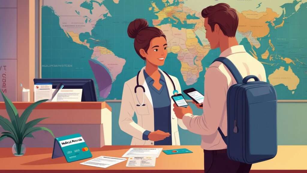 A traveler confidently navigates a foreign healthcare system, using a translation app or phrasebook at a medical facility reception desk. A healthcare professional assists, while cash and a credit card are shown for payment. Medical records and receipts are visible, emphasizing documentation for insurance claims. A world map and travel insurance card highlight global healthcare diversity and preparedness.