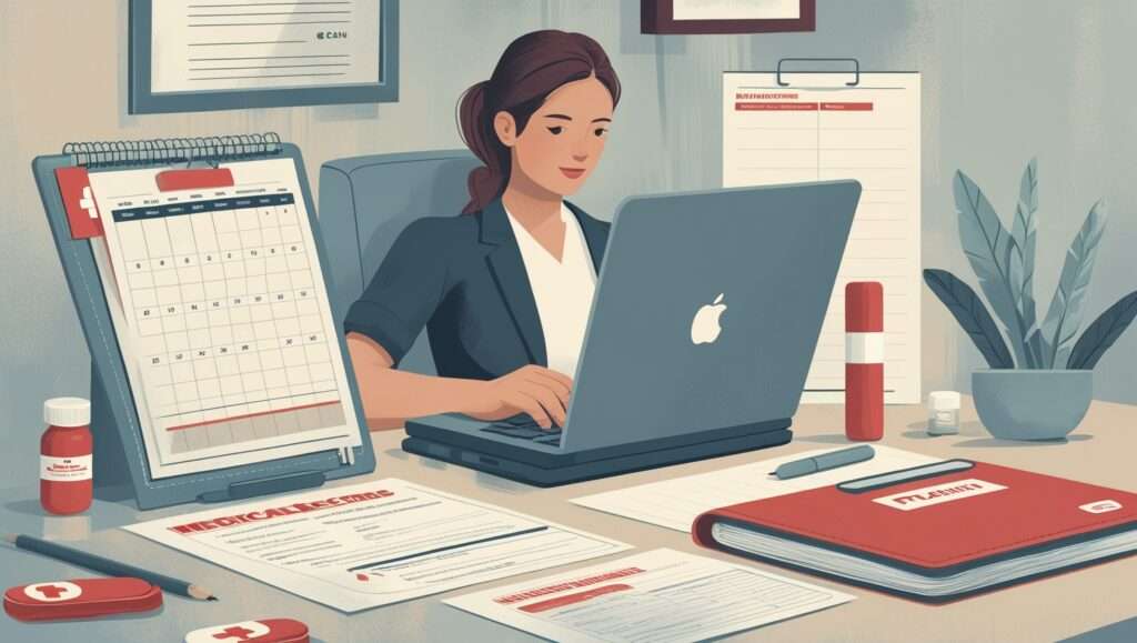 A traveler sits at a desk, reviewing medical documents and receipts while communicating with their travel insurance provider on a laptop. A calendar shows follow-up appointments, and a folder labeled 'Medical Records' is visible. A subtle police station in the background symbolizes reporting incidents, while a first-aid kit and journal emphasize continued care and reflection.