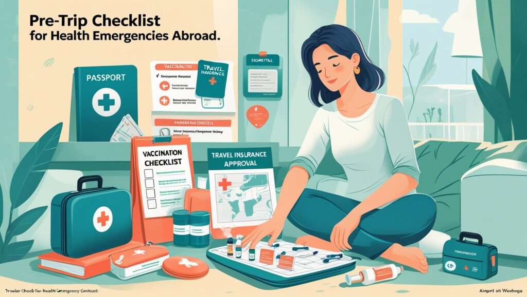 Illustration of a traveler preparing for a trip by organizing travel documents, checking a first-aid kit, and reviewing a map with marked hospitals and pharmacies.