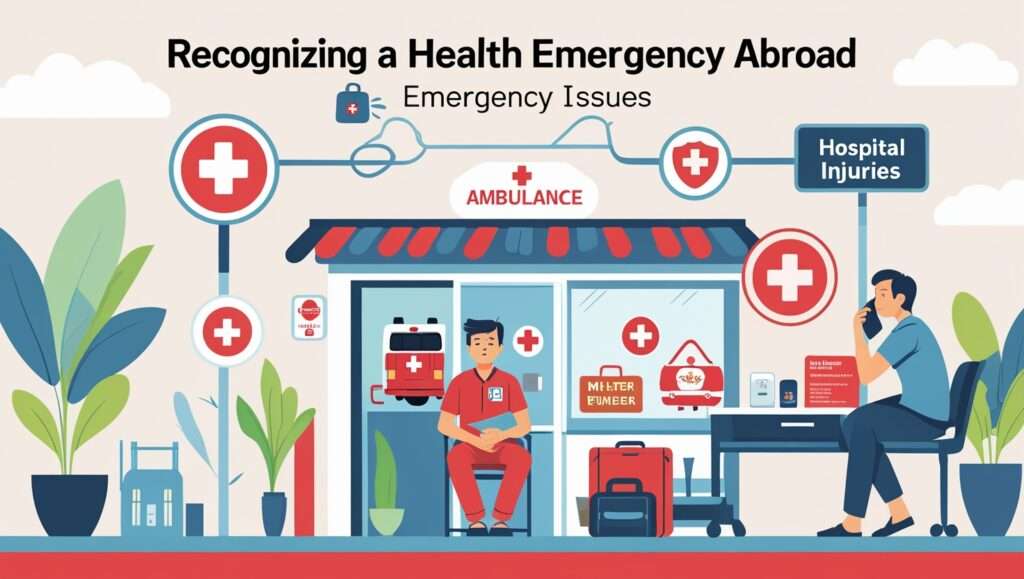 Illustration of a traveler experiencing a health emergency, holding their chest in distress while a concerned bystander calls for medical help. Icons representing emergency services, a hospital sign, and non-urgent health issues provide contrast.