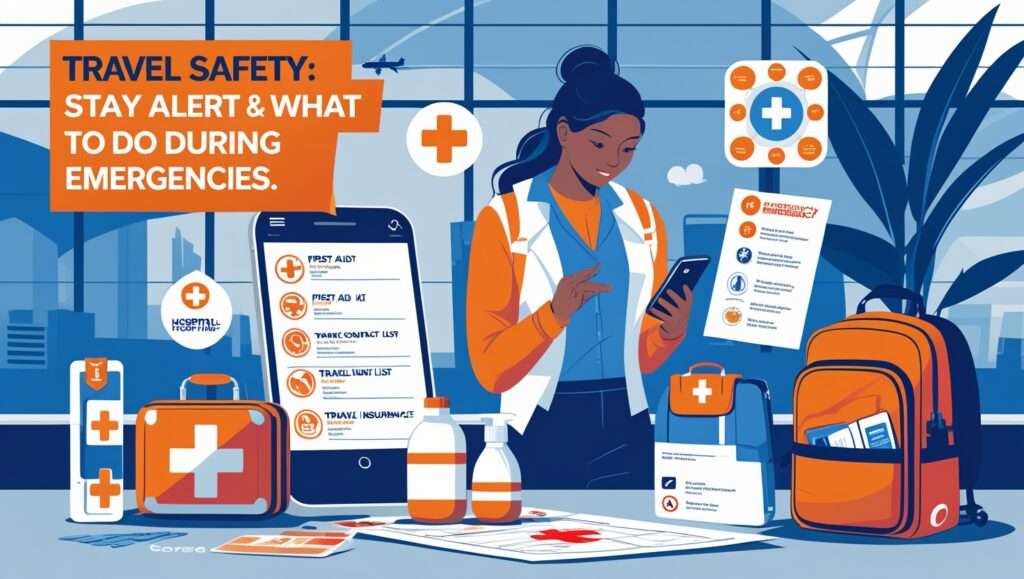 Illustration of a traveler reviewing a safety checklist with icons representing emergency contacts, travel insurance, a first-aid kit, and hospital locations on a map.