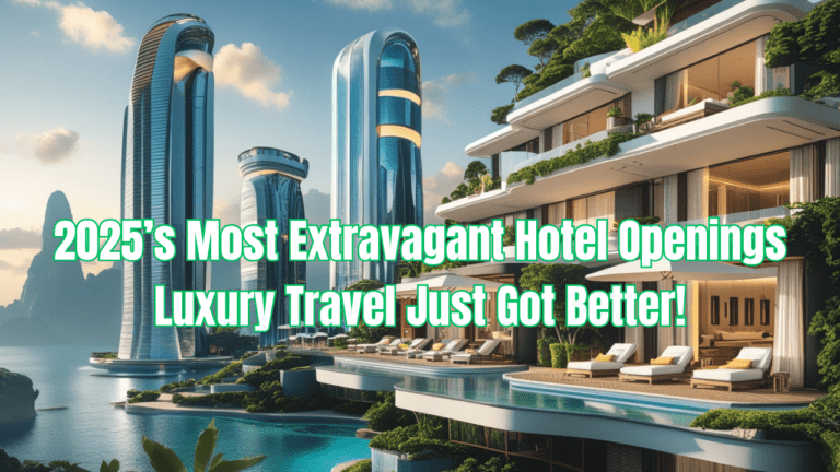 A stunning image featuring futuristic and opulent hotel exteriors, showcasing towering skyscrapers and luxurious resorts in scenic locations. Infinity pools, private villas, and rooftop terraces highlight the sophistication and elegance of 2025’s most extravagant hotel openings.