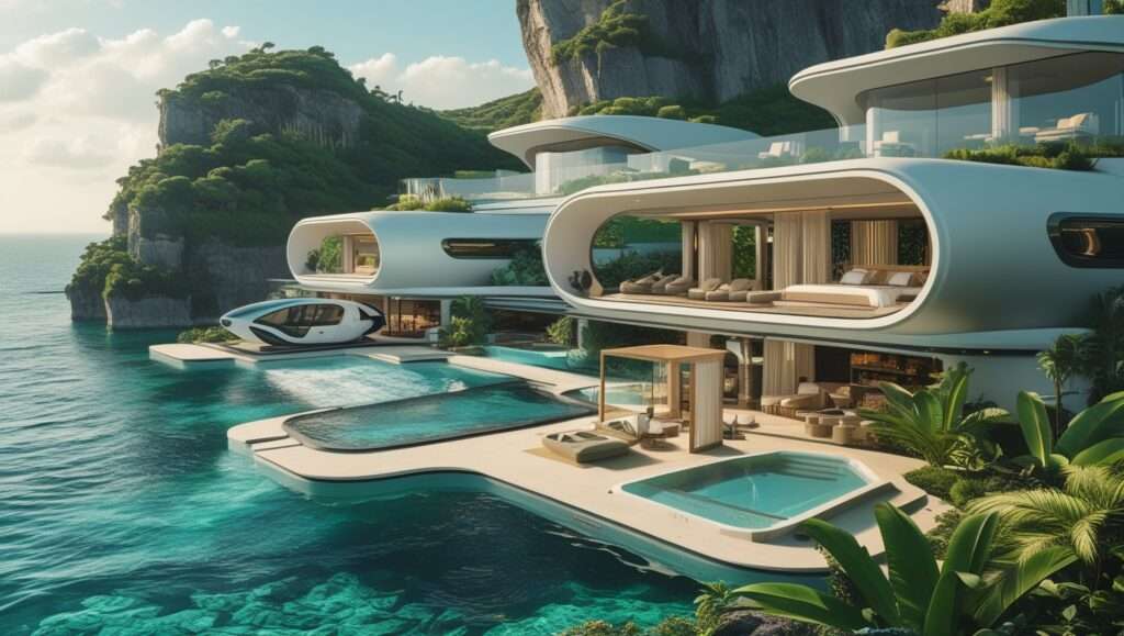futuristic luxury resort for 2025, featuring sleek glass buildings, infinity pools, and lush landscapes overlooking crystal-clear waters. The scene includes futuristic transportation and a harmonious blend of nature and modern opulence.