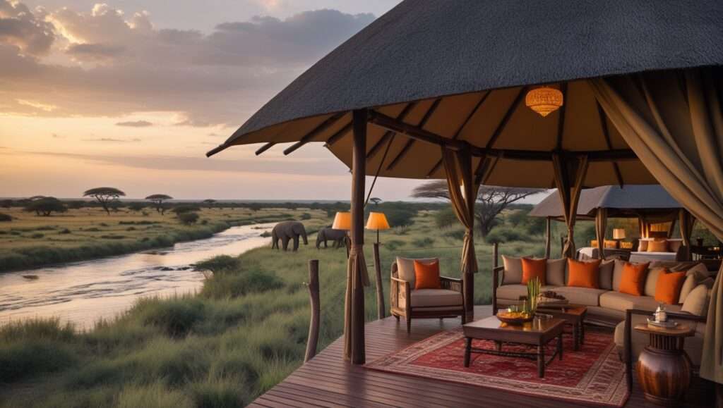 A serene image of Anantara Kafue River Tented Camp, Zambia, featuring luxury safari tents with thatched roofs and elevated wooden decks overlooking the Kafue River. Guests enjoy private safari experiences in custom Land Rovers while wildlife roams nearby in the lush wilderness.