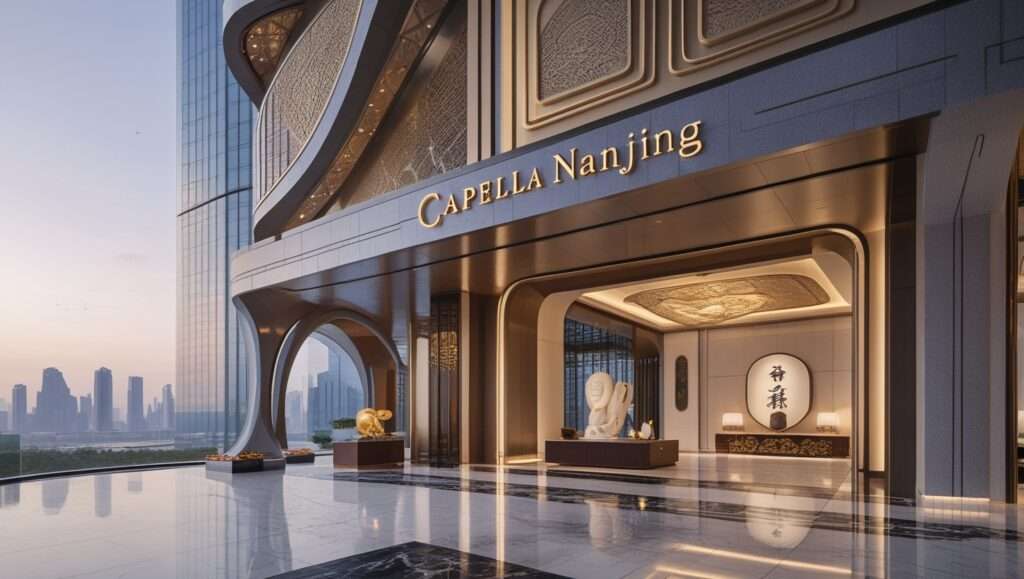 A stunning image of Capella Nanjing, showcasing the hotel’s sleek, modern architecture with glass, steel, and traditional Chinese design elements. The grand entrance is highlighted by soft ambient lighting, while the opulent lobby features marble floors, gold accents, and large sculptures.