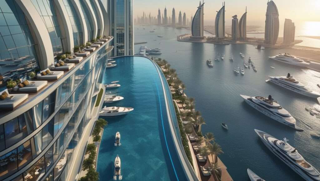 A stunning image of Ciel Dubai Marina, an ultra-modern skyscraper with sleek glass panels and futuristic architecture, towering over the Dubai Marina. The rooftop features a luxurious pool and lounge seating, offering panoramic views of the Marina, yachts, and city skyline.