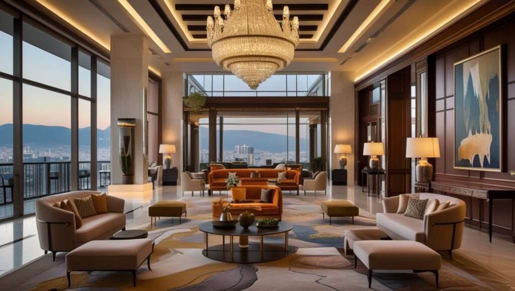 A luxurious interior of Conrad Athens featuring sleek marble surfaces, plush seating, and Acropolis views, alongside Conrad Hamburg’s refined European elegance with deep wood paneling, velvet furnishings, and grand chandeliers.